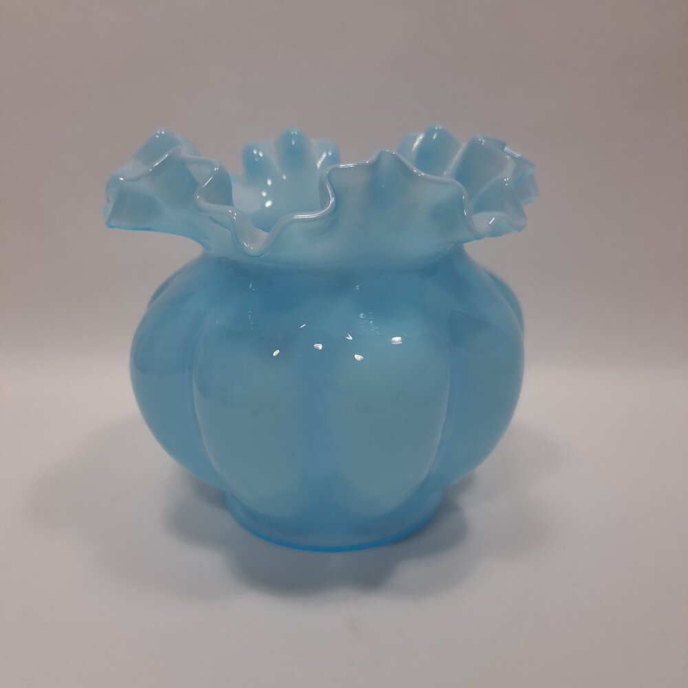 Vintage 40s Fenton Melon Ruffled Top Aqua Blue Overlay 5" Vase Collectible Glass